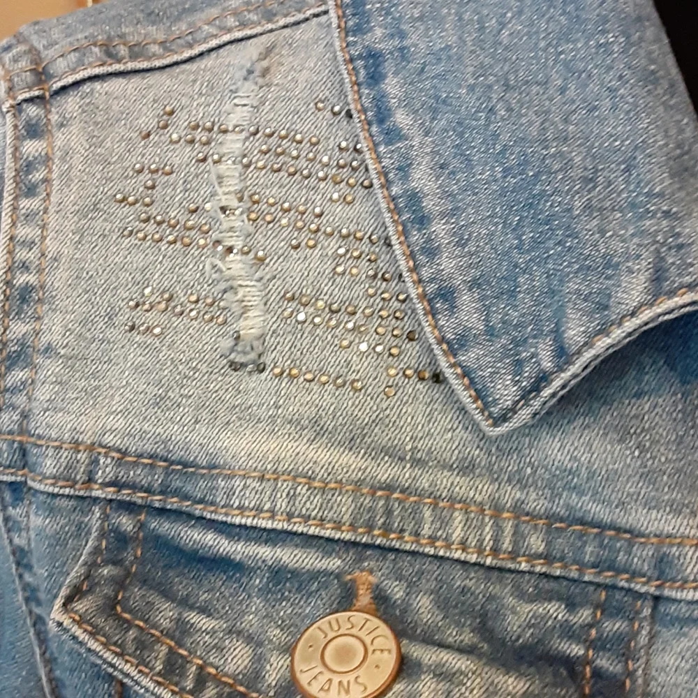 Justice embellished blue jeans denim jacket stretch 4 pockets size 12 EUC